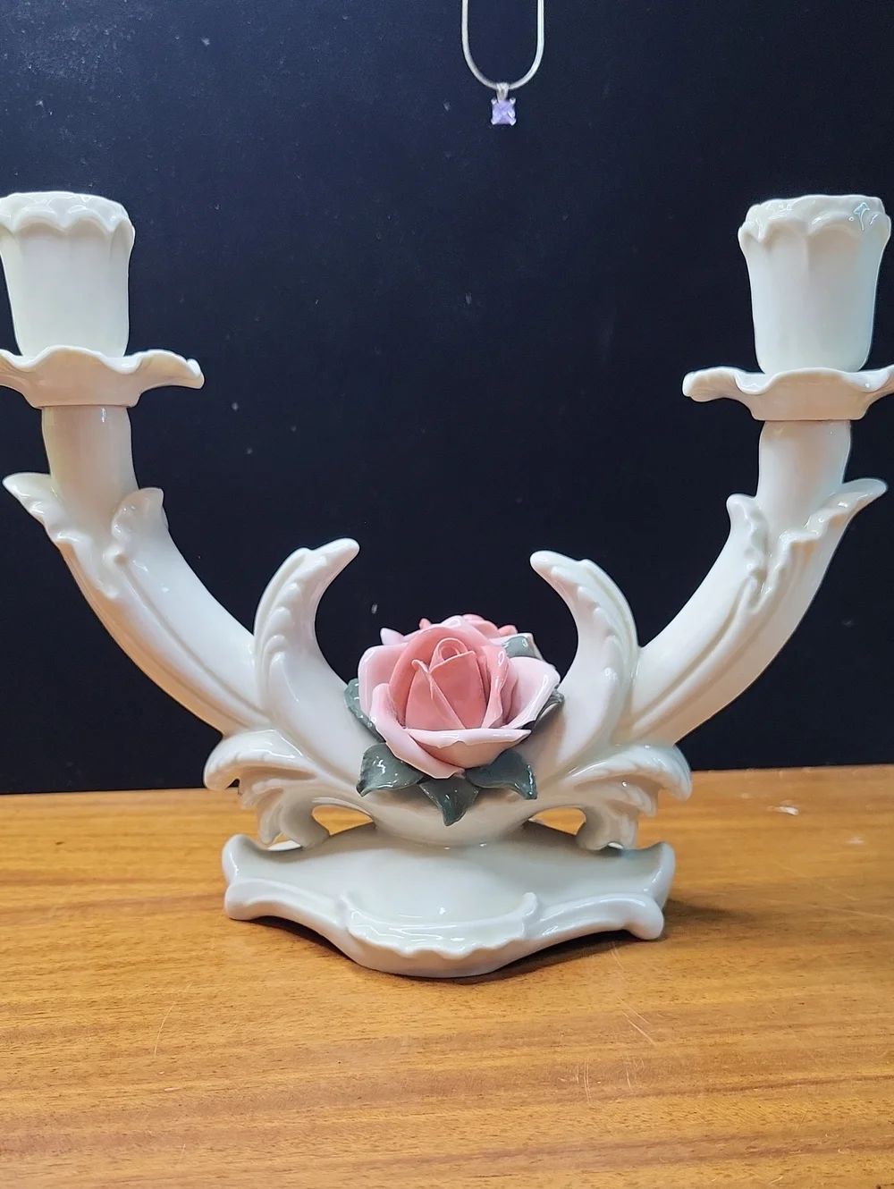 Porcelain Double Candle Holder with Pink Rose Accent